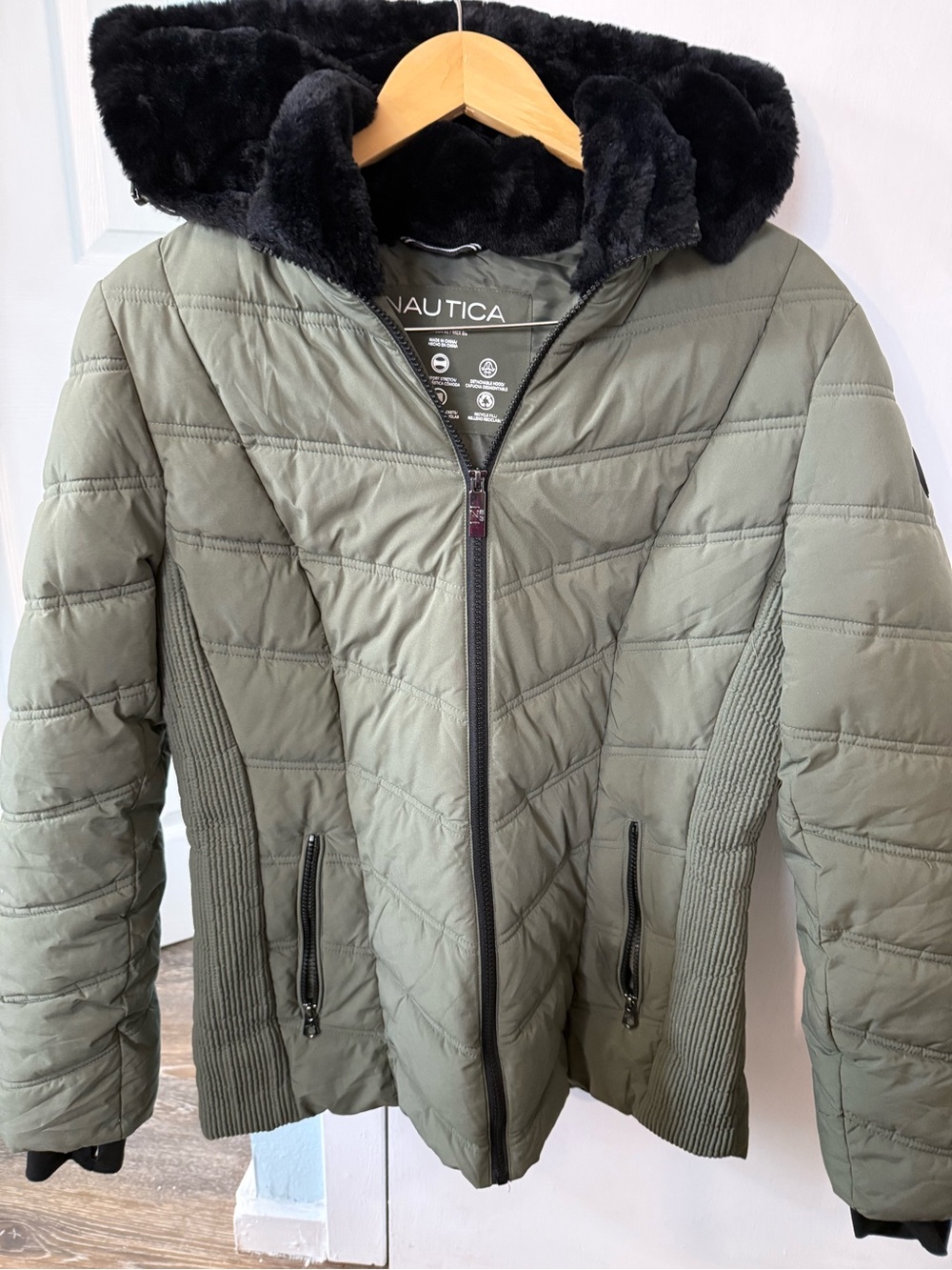 Nautica Olive Green Puffer Jacket with Black Faux Fur Hood